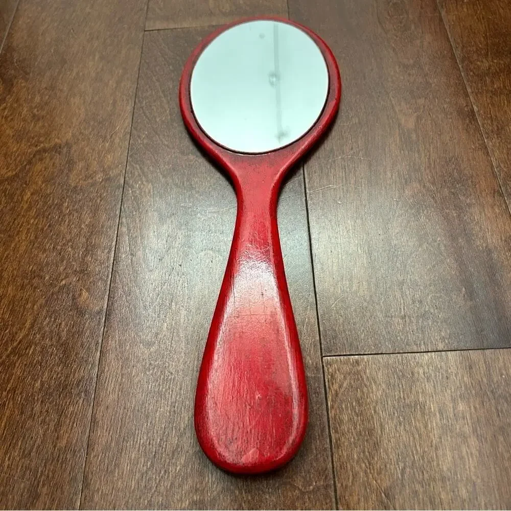 Rare Vintage 1960s Red Wooden Handmade Decorative Hand Mirror, Artist Signed